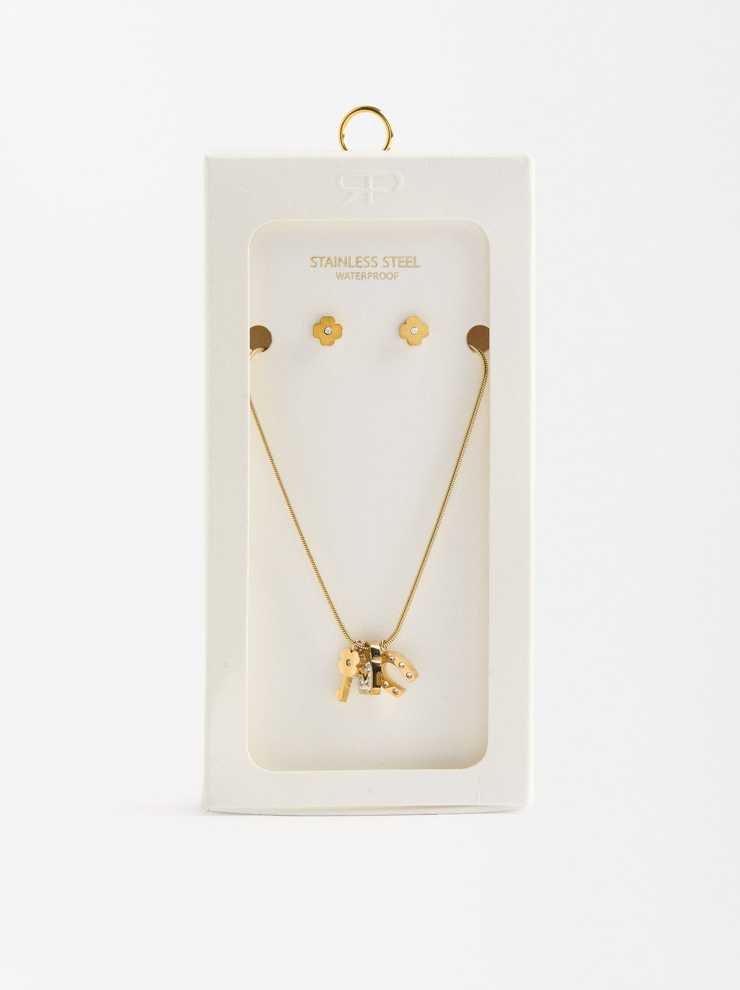 Set Necklace And Earrings With Crystal Charms - Stainless Steel