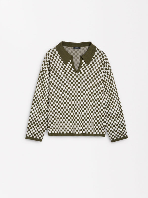 Jacquard Knit Sweater Polo Collar