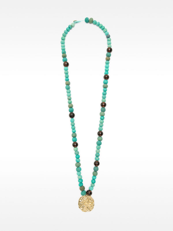Wooden Bead Necklace With Round Pendant
