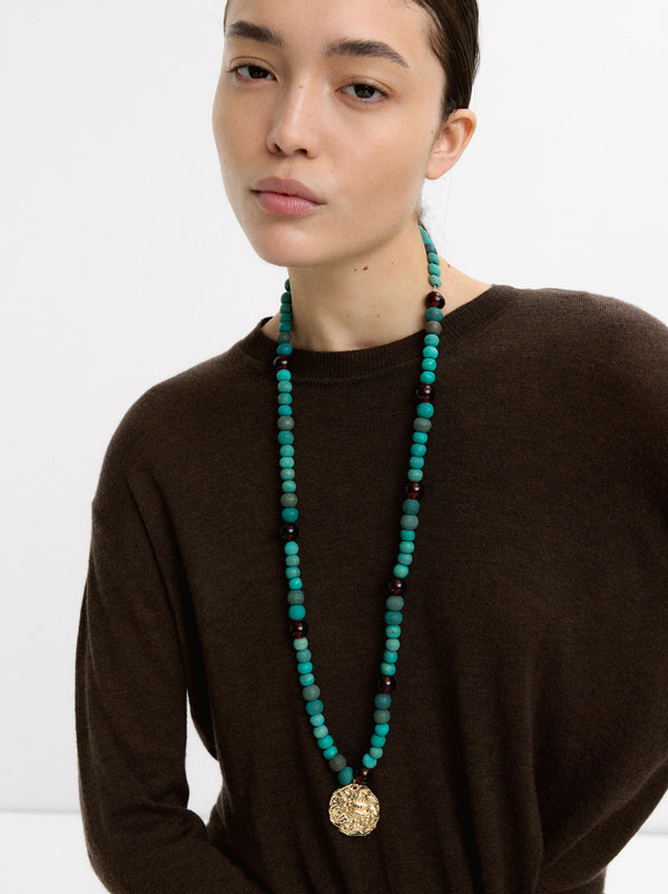 Wooden Bead Necklace With Round Pendant
