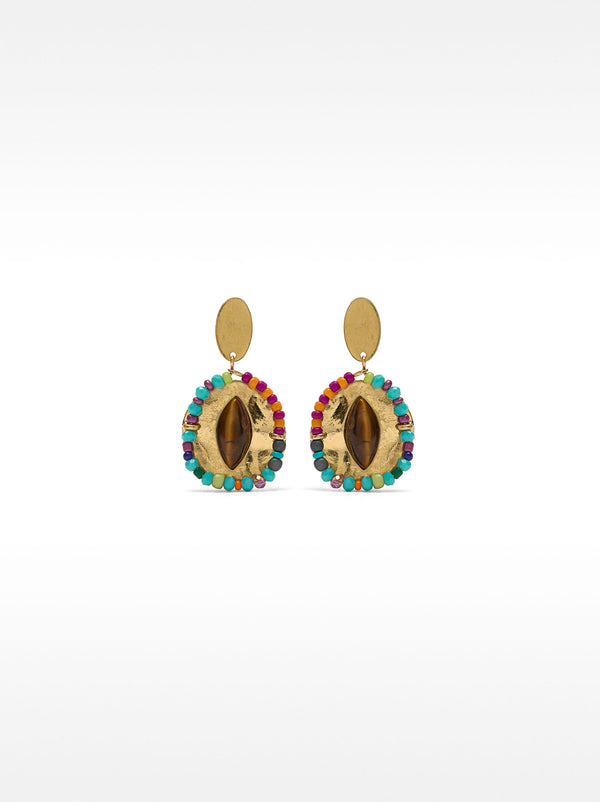 Multicolour Stone And Bead Oval Earrings
