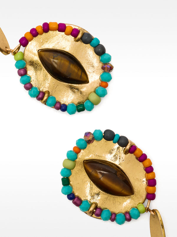 Multicolour Stone And Bead Oval Earrings