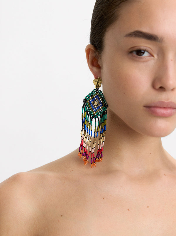 Striped Diamond-Shaped Earrings With Beads