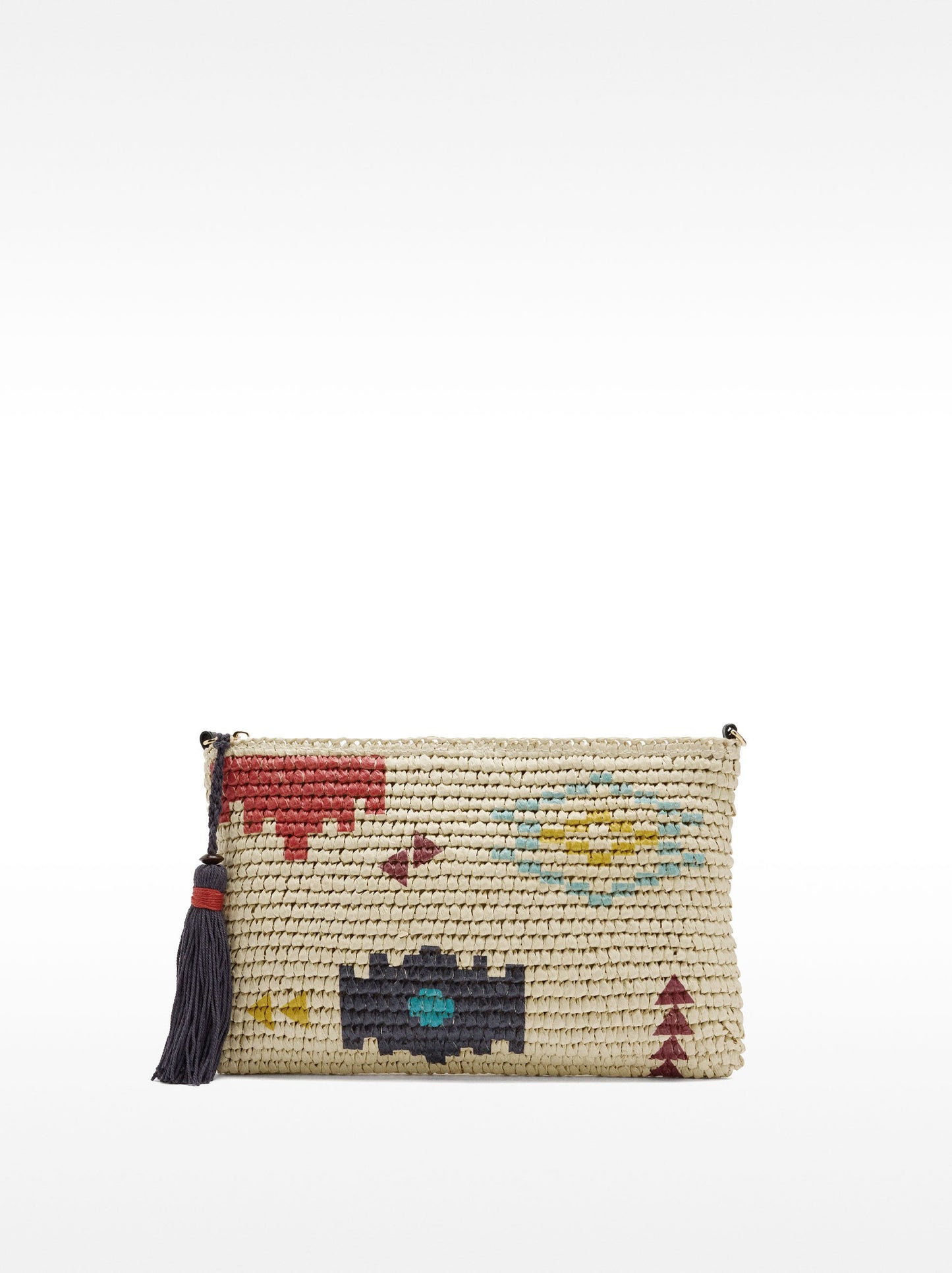 Handbag With Straw Effect Ethnic Printed