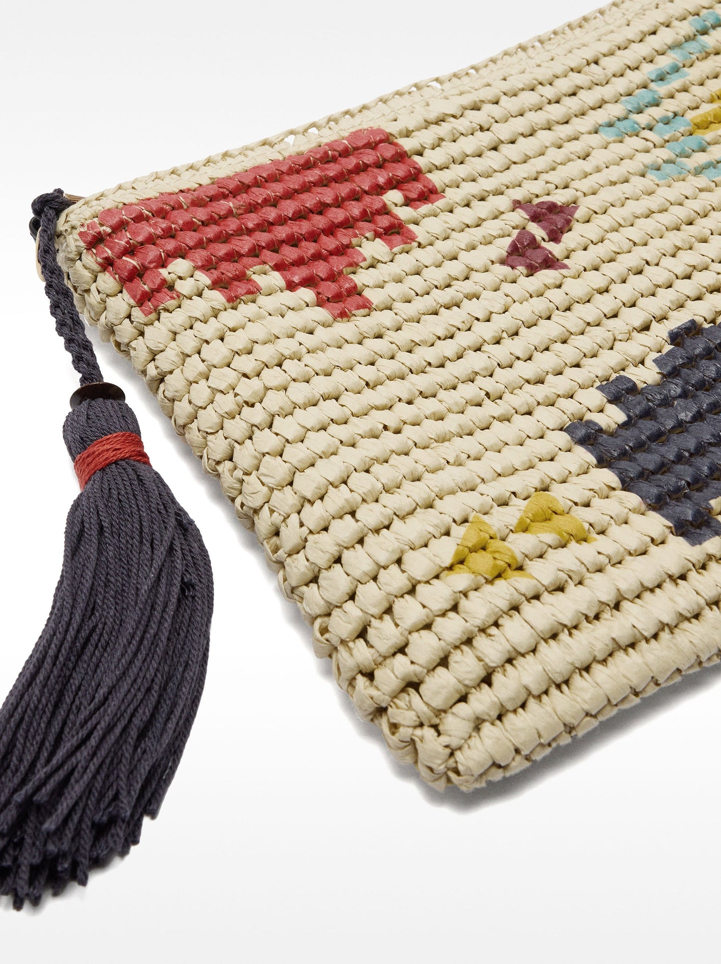 Handbag With Straw Effect Ethnic Printed