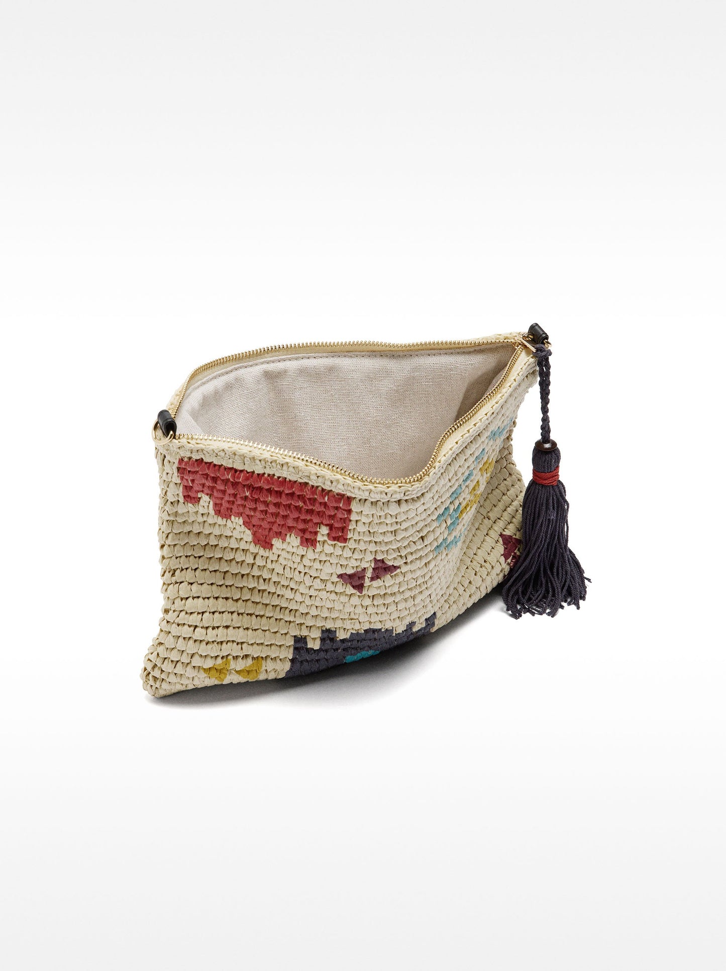 Handbag With Straw Effect Ethnic Printed