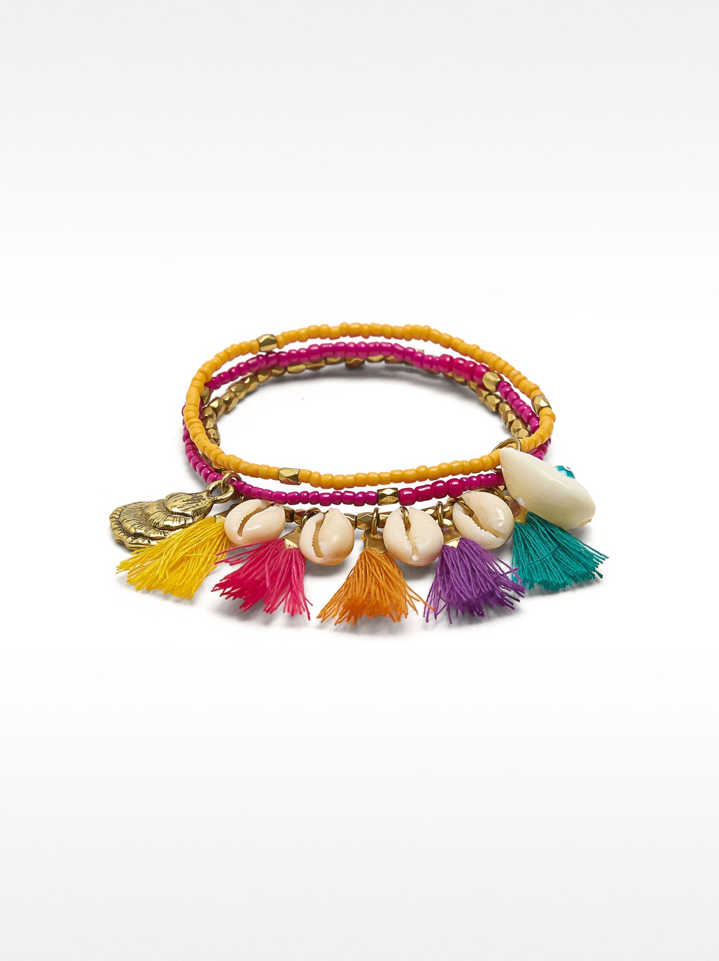 Set Of Elastic Bracelets With Multicolor Tassels