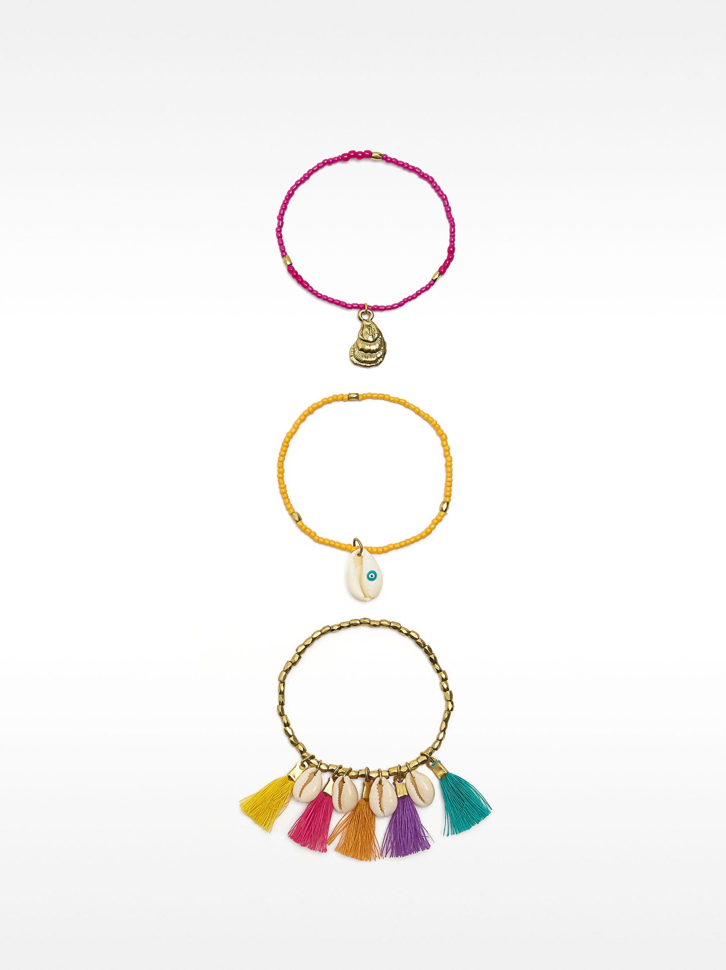 Set Of Elastic Bracelets With Multicolor Tassels