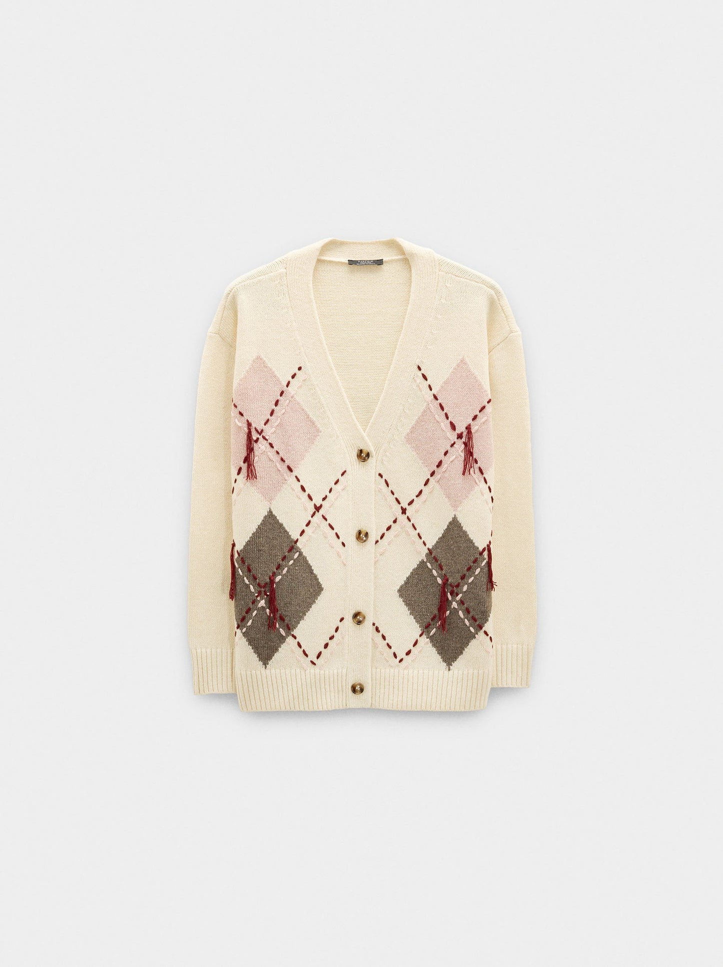 Knit Cardigan With Argyle And Embroidery