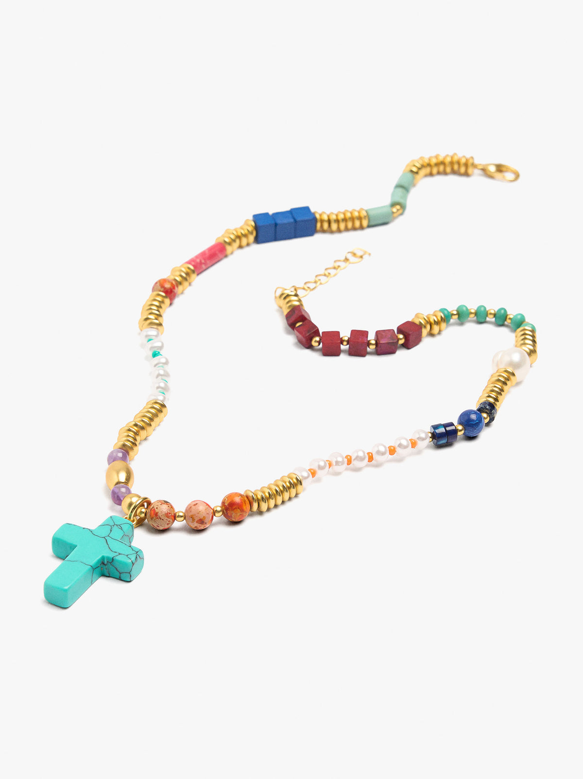Short Necklace With Stone Beads And Cross Pendant