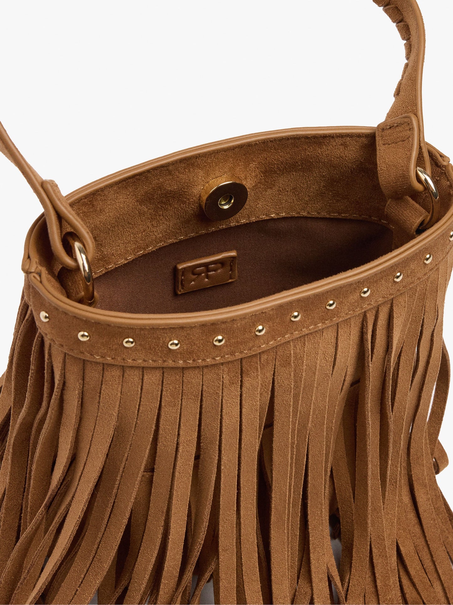 Bucket Bag With Leather-Effect, Fringes And Studs