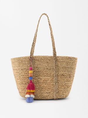 Straw Effect Shopper Bag With Pendant