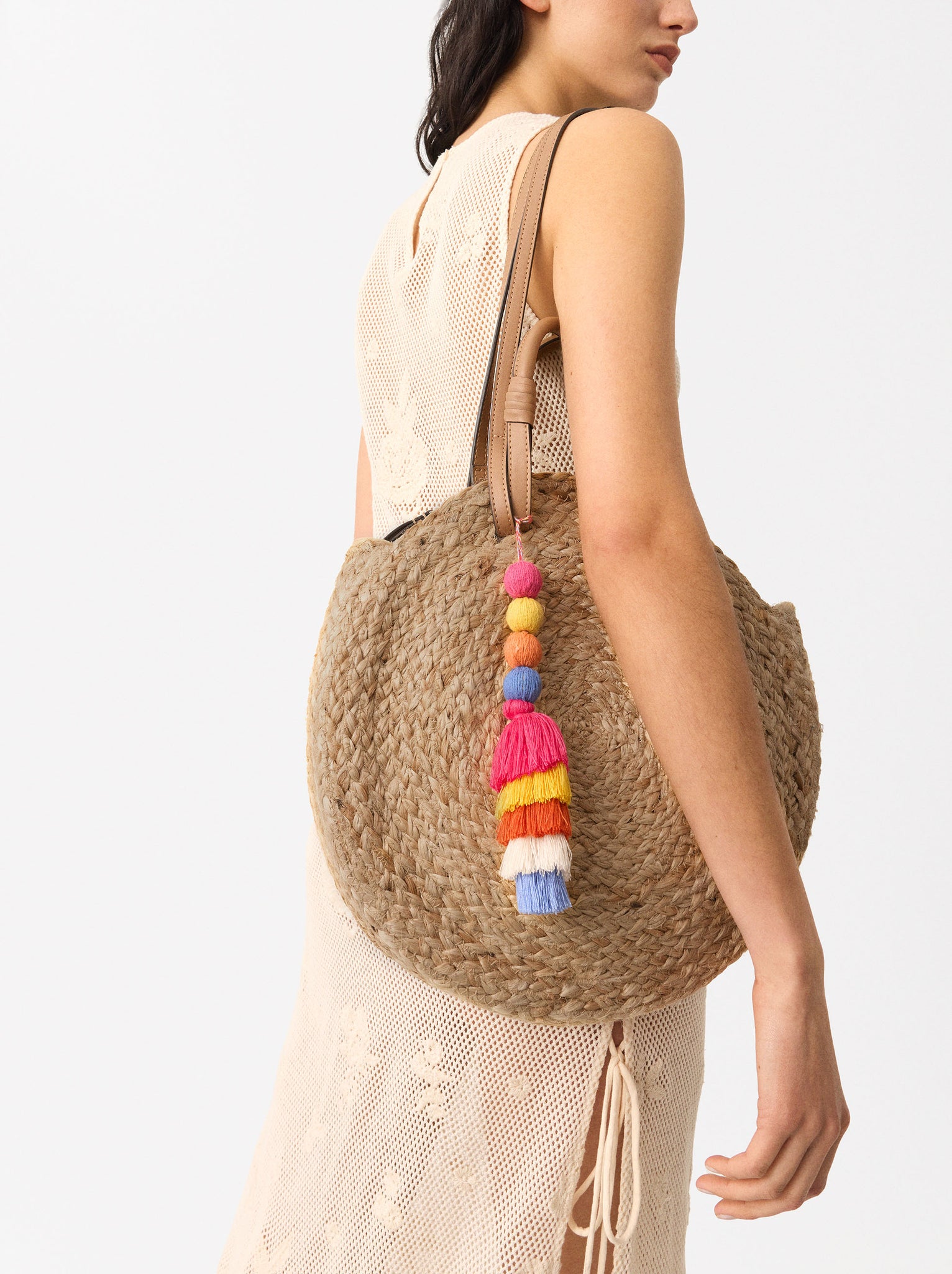 Straw Effect Shopper Bag With Pendant