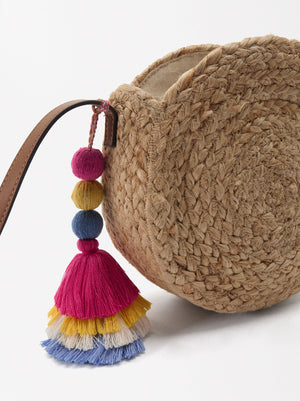 Straw-Effect Crossbody Bag With Pendant