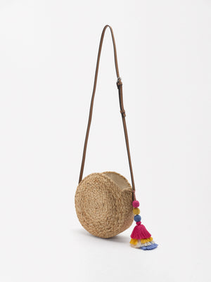 Straw-Effect Crossbody Bag With Pendant