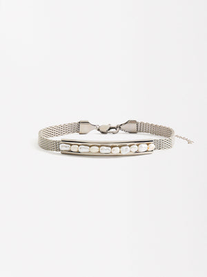 Mesh Bracelet With Freshwater Pearl - Stainless Steel