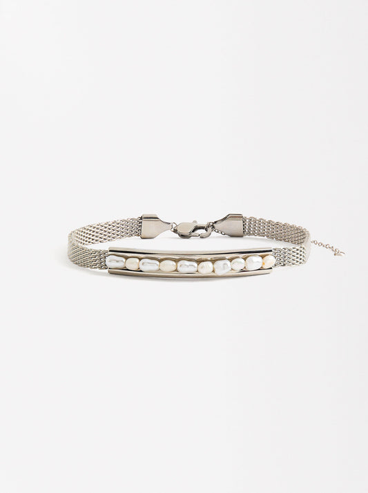 Mesh Bracelet With Freshwater Pearl - Stainless Steel