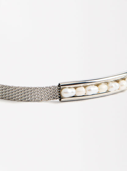 Mesh Bracelet With Freshwater Pearl - Stainless Steel