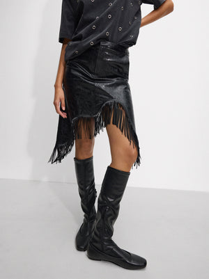 Skirt With Fringe Faux Leather Effect