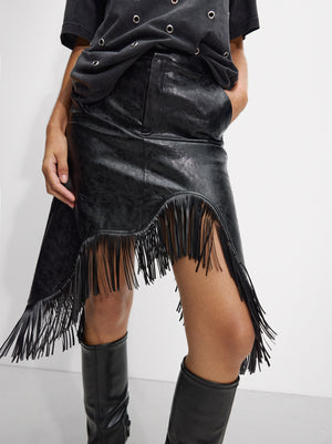 Skirt With Fringe Faux Leather Effect