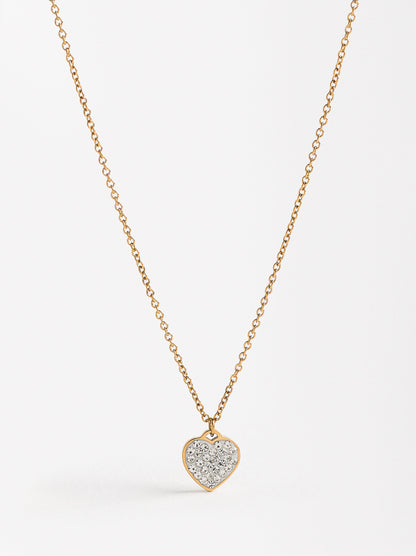 Short Necklace With Heart-Shaped Crystals - Stainless Steel