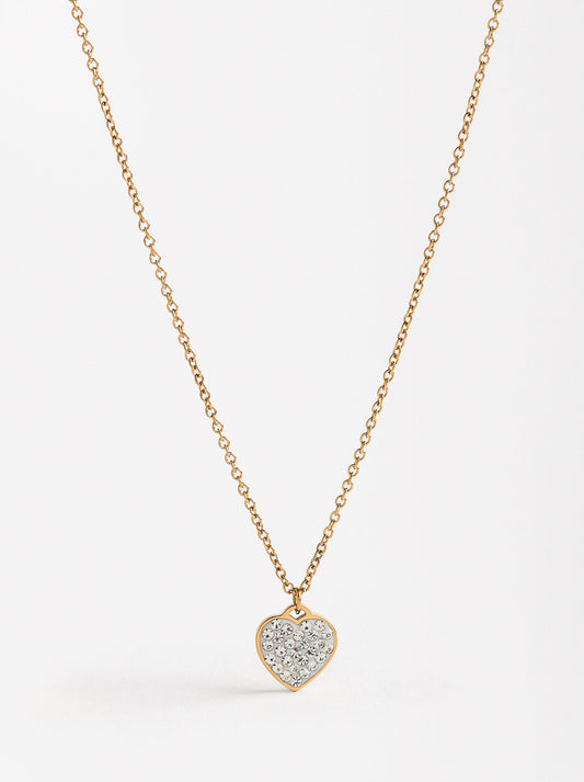 Short Necklace With Heart-Shaped Crystals - Stainless Steel
