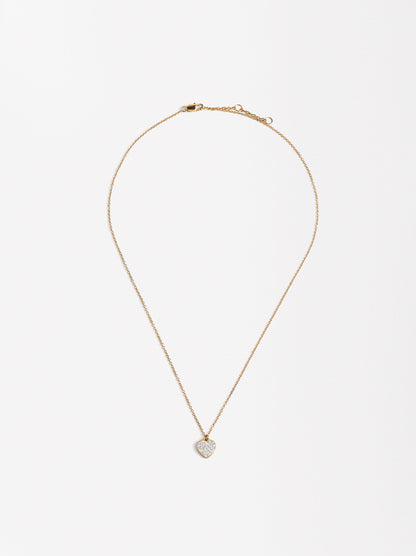 Short Necklace With Heart-Shaped Crystals - Stainless Steel