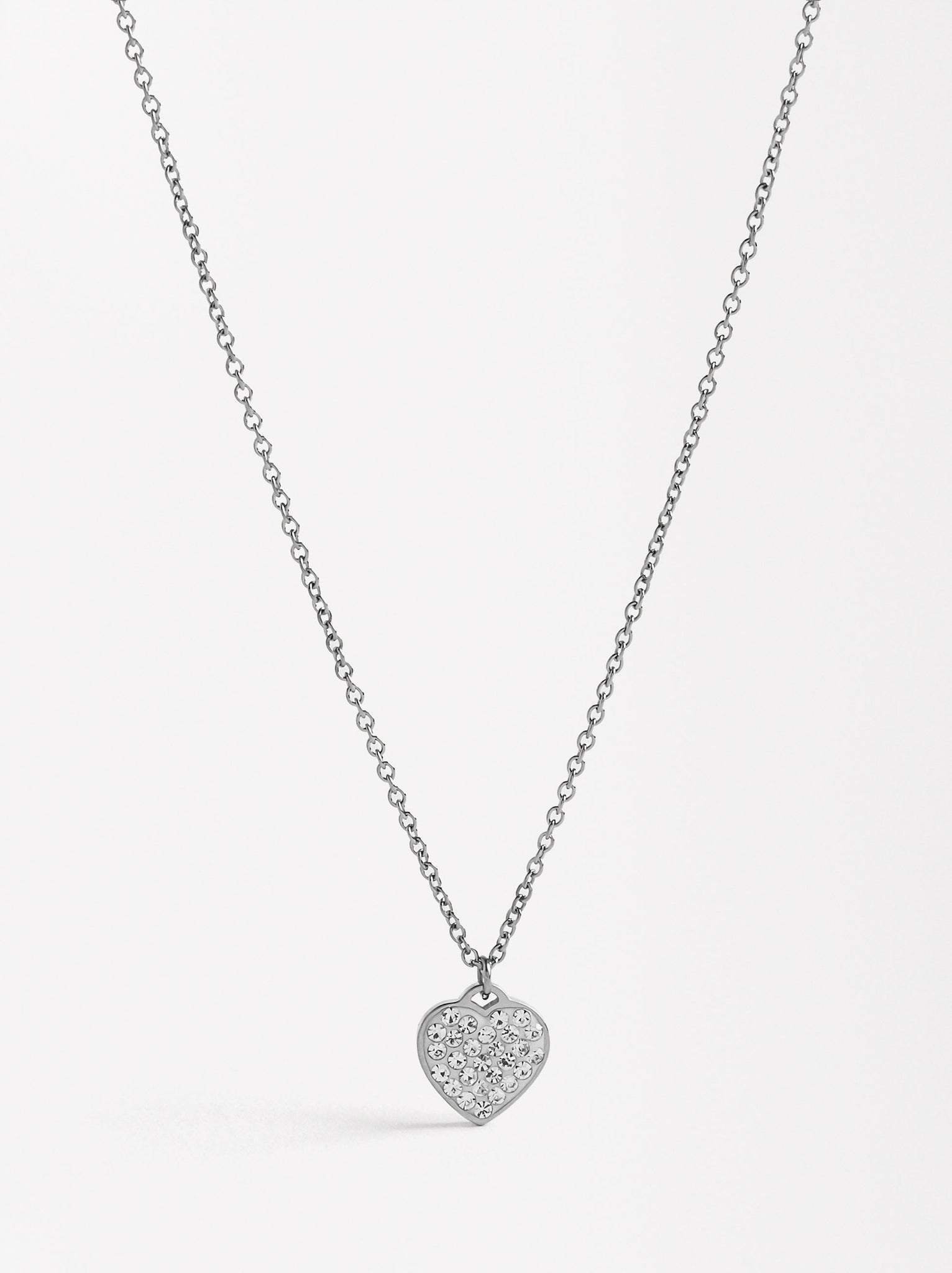 Short Necklace With Heart-Shaped Crystals - Stainless Steel