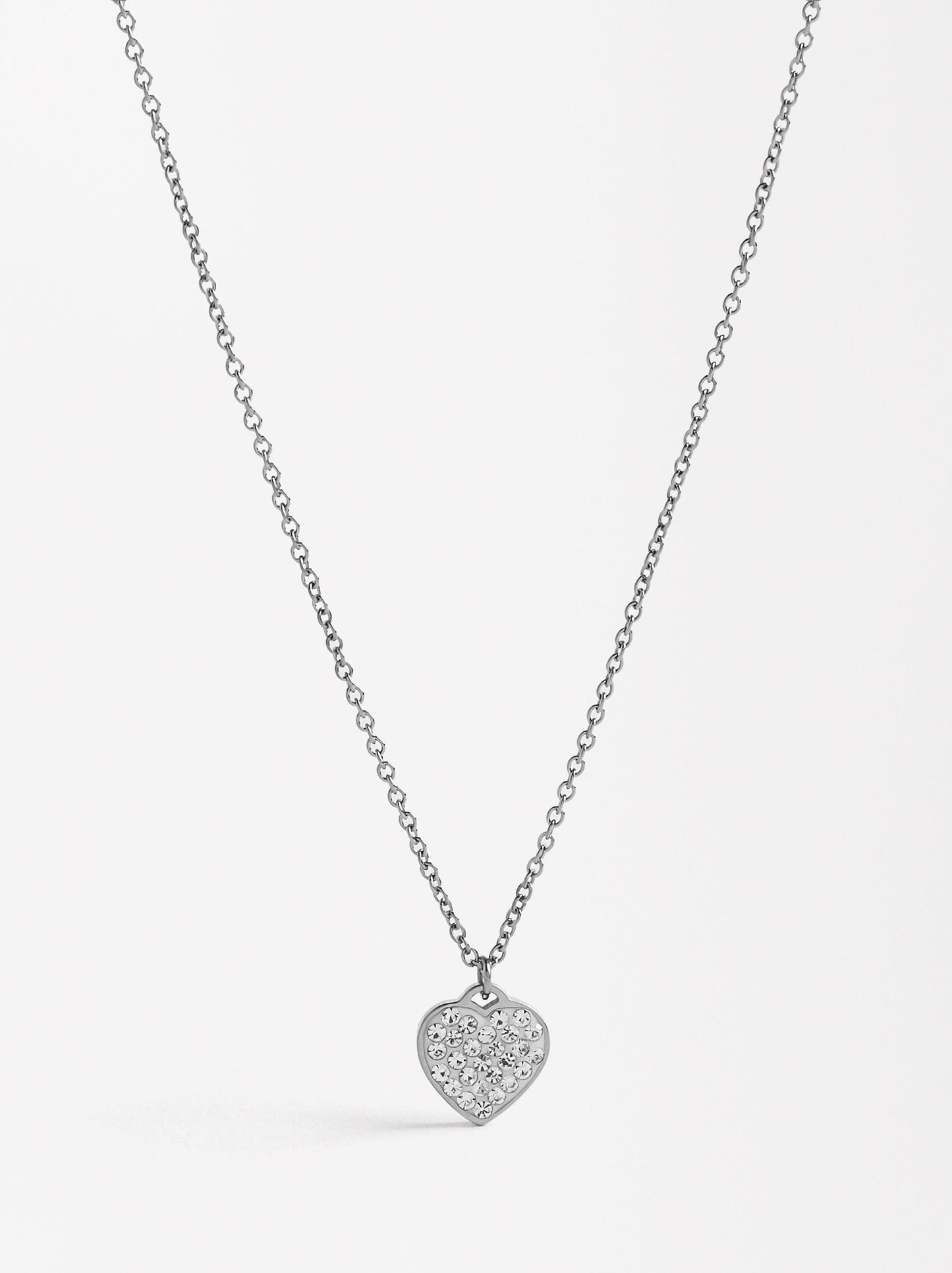 Short Necklace With Heart-Shaped Crystals - Stainless Steel