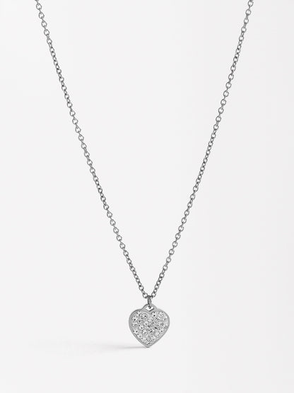 Short Necklace With Heart-Shaped Crystals - Stainless Steel