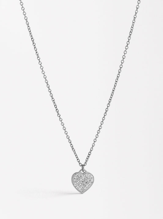 Short Necklace With Heart-Shaped Crystals - Stainless Steel