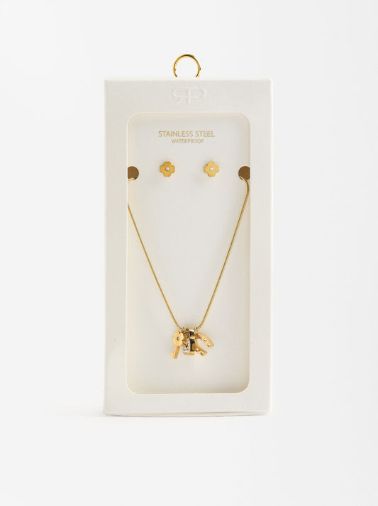 Set  Necklace And Earrings With Crystal Charms - Stainless Steel