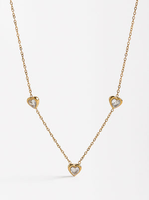 Necklace With Heart-Shaped Zirconias - Stainless Steel