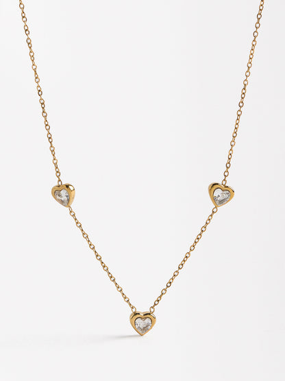 Necklace With Heart-Shaped Zirconias - Stainless Steel