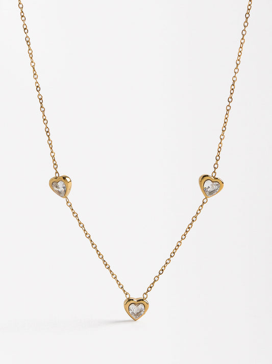 Necklace With Heart-Shaped Zirconias - Stainless Steel