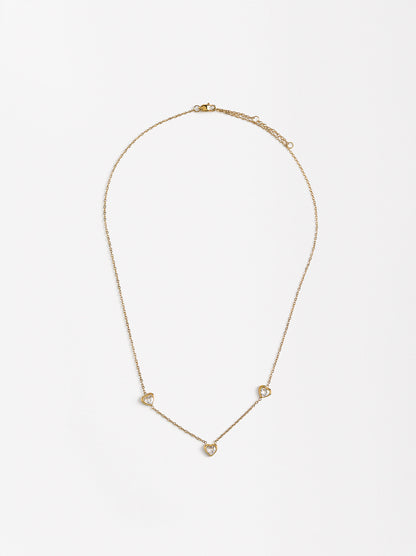 Necklace With Heart-Shaped Zirconias - Stainless Steel