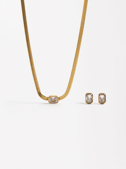 Set Necklace And Earrings With Crystals - Stainless Steel