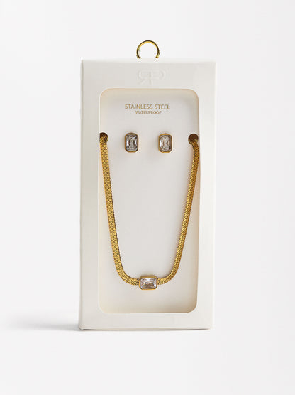 Set Necklace And Earrings With Crystals - Stainless Steel