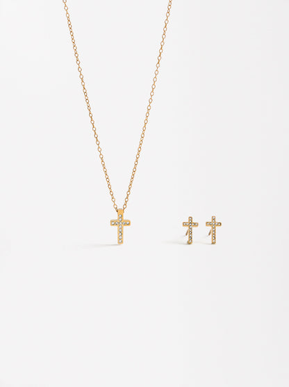 Cross Crystal Earrings Set With Necklace - Stainless Steel