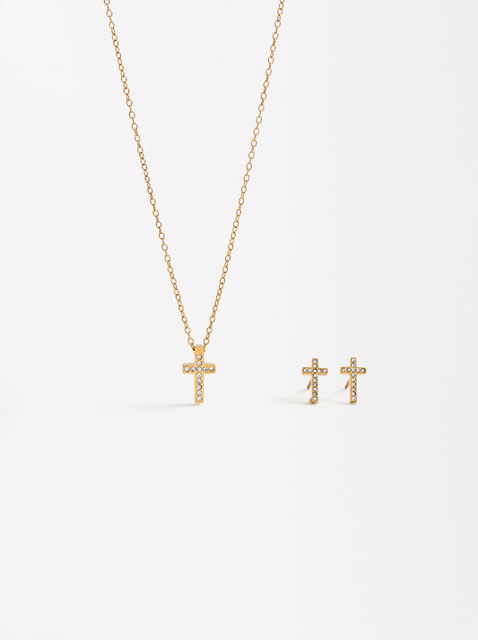 Cross Crystal Earrings Set With Necklace - Stainless Steel
