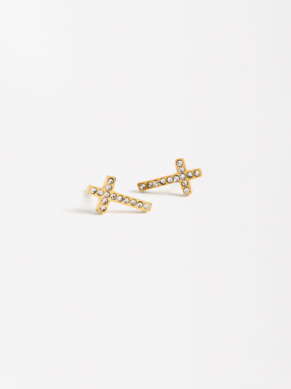 Cross Crystal Earrings Set With Necklace - Stainless Steel