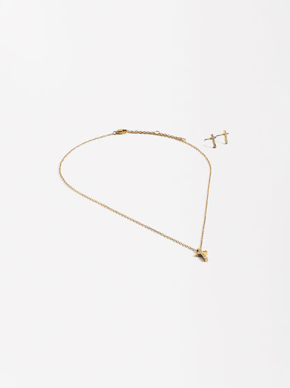 Cross Crystal Earrings Set With Necklace - Stainless Steel