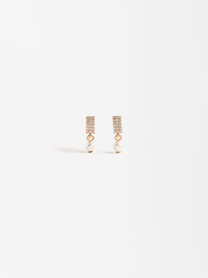 Rectangular Earrings With Freshwater Pearls And Crystals