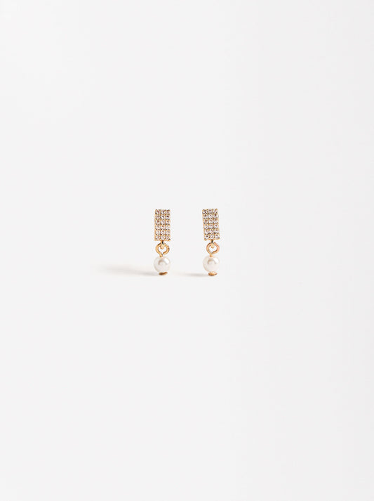 Rectangular Earrings With Freshwater Pearls And Crystals