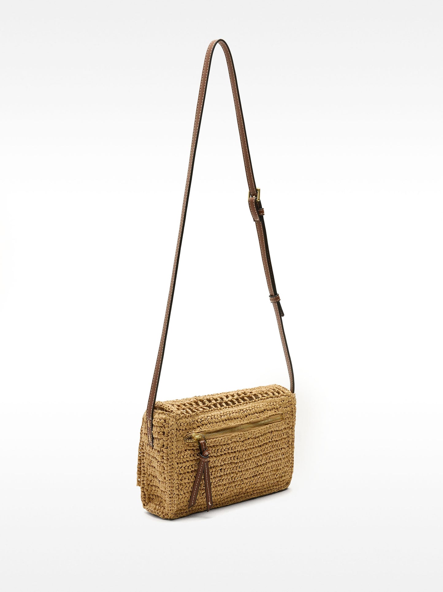 Straw-Effect Crossbody Bag With Flap Closure