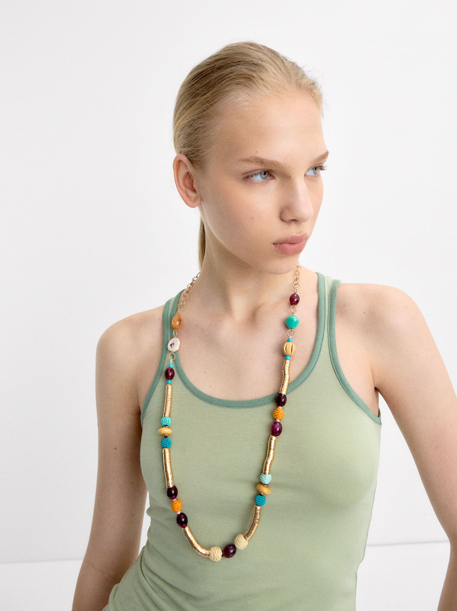 Beaded Stone And Raffia Necklace
