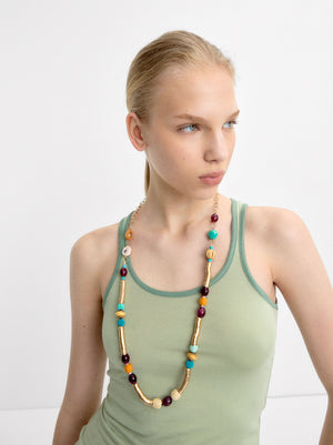 Beaded Stone And Raffia Necklace