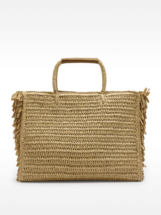 Straw Effect Shopper Bag With Fringes