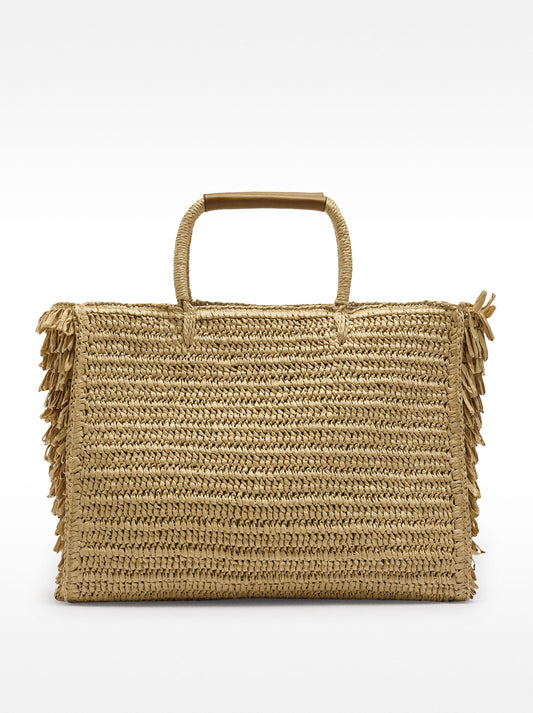 Straw Effect Shopper Bag With Fringes