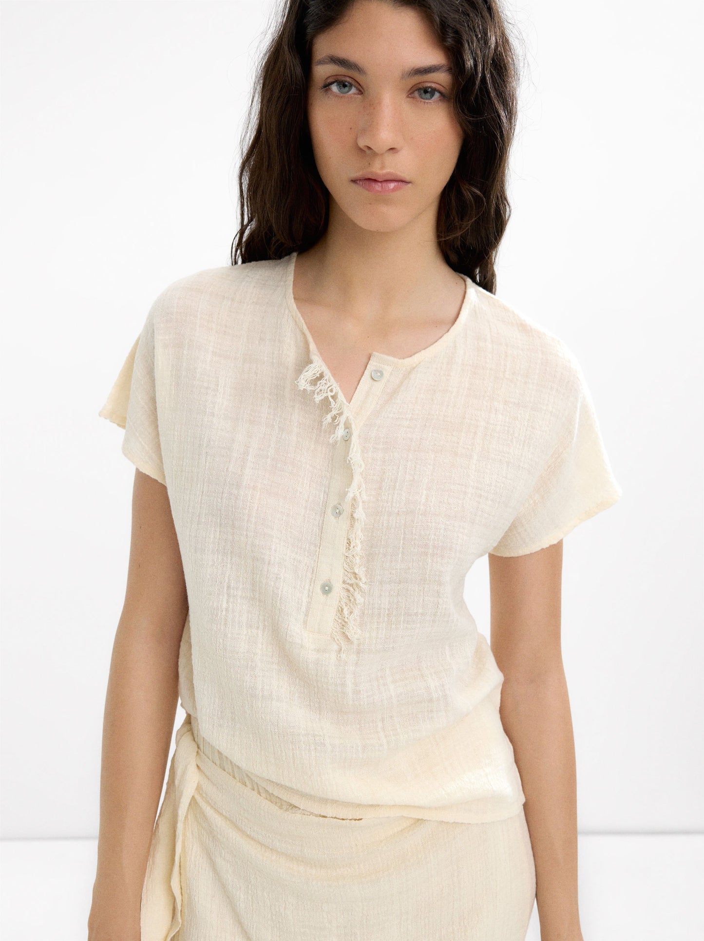 Linen-Blend T-Shirt With Buttons
